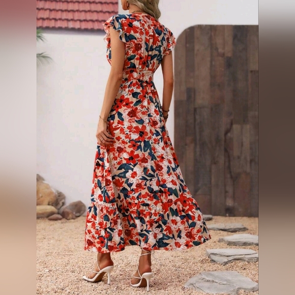 NEW Boho Floral Wrap Top Ruffle Trim Long Dress Red Cream Green Yellow - Picture 4 of 8